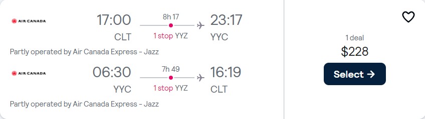 Cheap flights from Charlotte, North Carolina to Canadian cities from only $228 roundtrip with Air Canada. Flight deal ticket image.