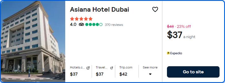 Stay at the 5* Asiana Hotel Dubai in Dubai, UAE for only $37 USD per night. Flight deal ticket image.