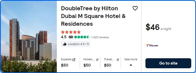 Click here to book this cheap flight deal. Stay at the 5* DoubleTree by Hilton Dubai M Square Hotel & Residences in Dubai, UAE for only $46 USD per night. Flight deal ticket image.