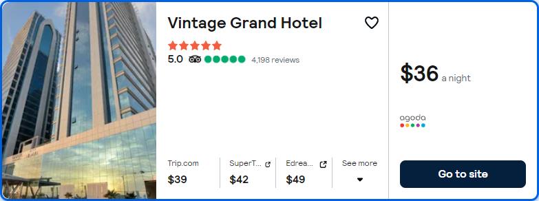 Stay at the 5* Vintage Grand Hotel in Dubai, UAE for only $36 USD per night. Flight deal ticket image.