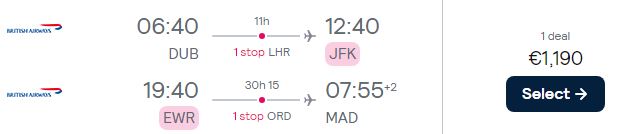 Click here to book this cheap flight deal. Open-jaw flights from Dublin, Ireland to the USA or Canada returning to Madrid, Spain from only €1190 roundtrip with British Airways. Flight deal ticket image.