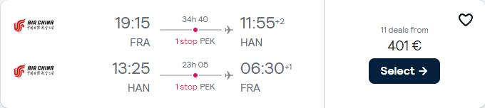 Cheap flights from Frankfurt, Germany to Hanoi, Vietnam for only €401 roundtrip. Flight deal ticket image.
