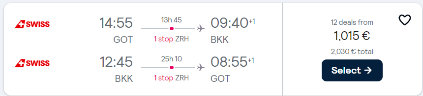 Business Class flights from Gothenburg or Stockholm, Sweden to Bangkok, Thailand from only €1015 roundtrip with Swiss International Air Lines. Flight deal ticket image.