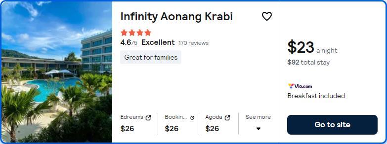 Stay at the 4* Infinity Aonang Krabi in Krabi, Thailand for only $23 USD per night. Flight deal ticket image.
