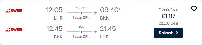 Business Class flights from London, UK to Bangkok, Thailand for only £2233 roundtrip with Swiss International Air Lines. Flight deal ticket image.
