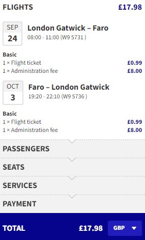 Flights from London, UK to Faro, Portugal for only £17 roundtrip. Flight deal ticket image.