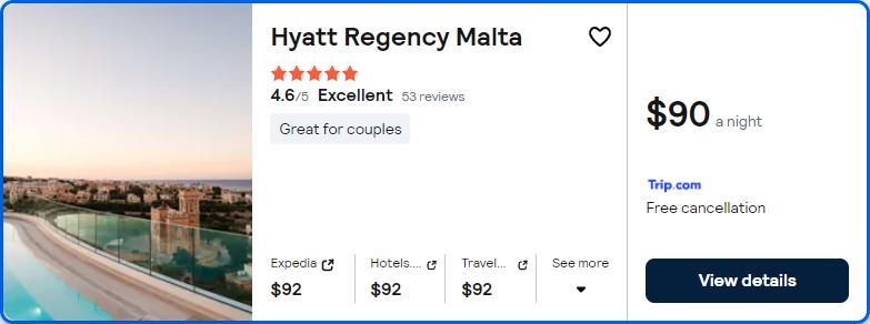 Click here to book this cheap flight deal. Stay at the 5* Hyatt Regency Malta in Malta for only $90 USD per night. Flight deal ticket image.
