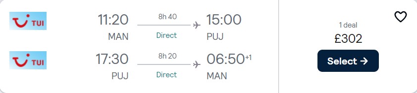 Non-stop flights from Manchester or Birmingham, UK to the Dominican Republic from only £302 roundtrip. Flight deal ticket image.
