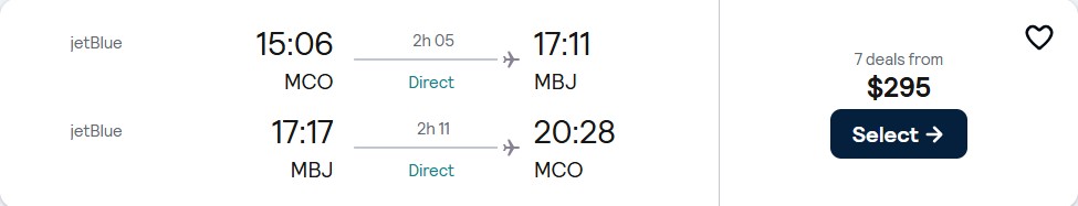 Click here to book this cheap flight deal. Non-stop flights from Orlando, Florida to Montego Bay, Jamaica for only $295 roundtrip with JetBlue. Flight deal ticket image.
