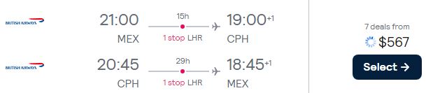 Cheap flights from Mexico City, Mexico to Copenhagen, Denmark for only $567 USD roundtrip with British Airways. Flight deal ticket image.