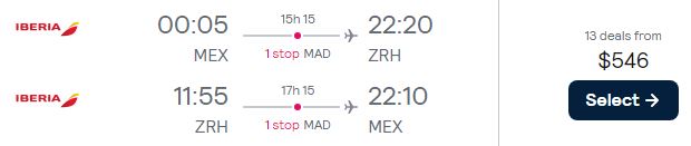 Cheap flights from Mexico City, Mexico to Zurich, Switzerland for only $546 USD roundtrip with Iberia. Flight deal ticket image.
