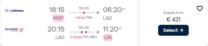 Cheap flights from Italian cities to Luanda, Angola from only €421 roundtrip with Lufthansa and Brussels Airlines. Flight deal ticket image.
