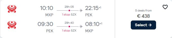 Cheap flights from Milan, Italy to Beijing, China for only €438 roundtrip with Hainan Airlines. Flight deal ticket image.