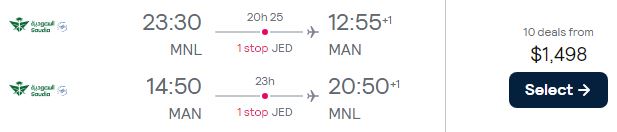 Business Class flights from Manila, Philippines to Manchester, UK for only $1489 USD roundtrip. Flight deal ticket image.