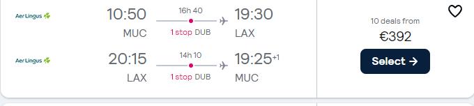 Cheap flights from Munich, Germany to Los Angeles, USA for only €392 roundtrip with Aer Lingus. Flight deal ticket image.