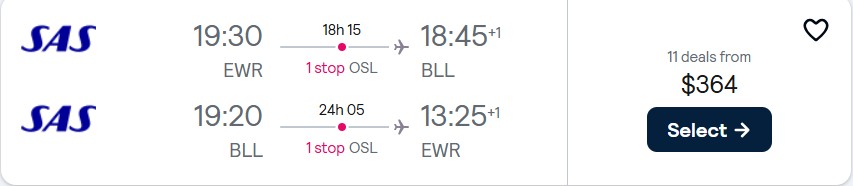 Cheap flights from New York to Billund, Denmark for only $364 roundtrip with Scandinavian Airlines. Flight deal ticket image.