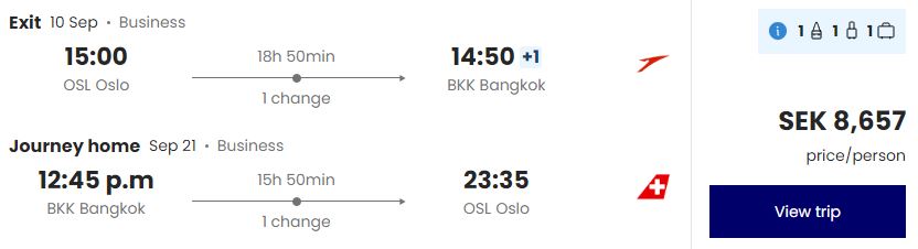 Business Class flights from Oslo, Norway to Bangkok, Thailand for only €762 roundtrip with Lufthansa, Austrian Airlines and Swiss International Air Lines. Flight deal ticket image.