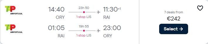 Cheap flights from Paris, France to Praia, Cape Verde for only €242 roundtrip with TAP Air Portugal. Flight deal ticket image.