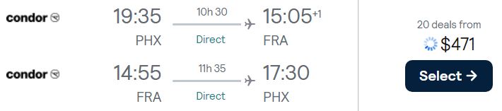 Non-stop flights from Phoenix, Arizona to Frankfurt, Germany for only $471 roundtrip. Flight deal ticket image.