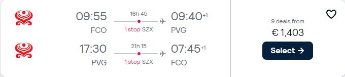 Business Class flights from Rome, Italy to Shanghai or Beijing, China from only €1403 roundtrip with Hainan Airlines. Flight deal ticket image.