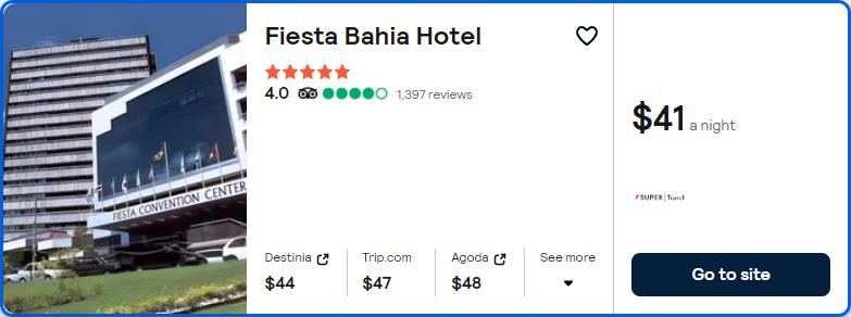 Stay at the 5* Fiesta Bahia Hotel in Salvador, Brazil for only $41 USD per night. Flight deal ticket image.