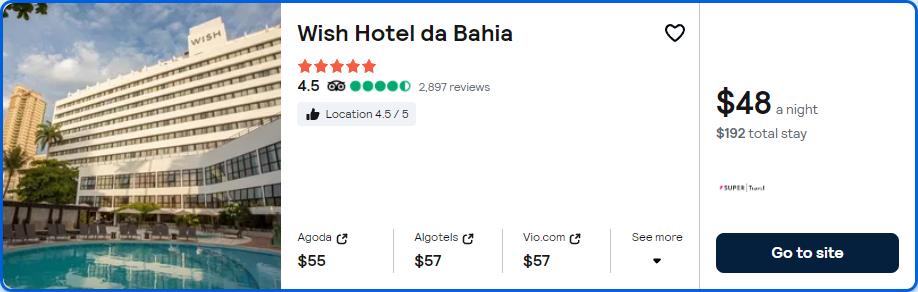 Stay at the 5* Wish Hotel da Bahia in Salvador, Brazil for only $48 USD per night. Flight deal ticket image.