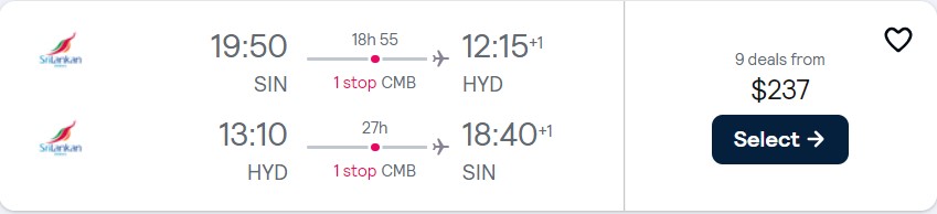 Cheap flights from Singapore to Hyderabad, India for only $237 USD roundtrip with SriLankan Airlines. Flight deal ticket image.
