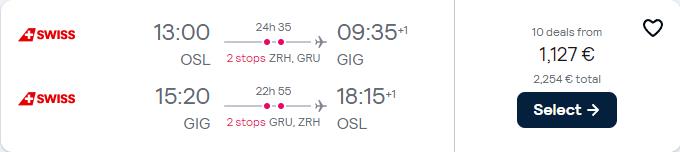 Business Class flights from Oslo, Norway to Rio de Janeiro, Brazil for only €1127 roundtrip with Swiss International Air Lines. Flight deal ticket image.