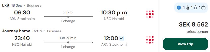 Click here to book this cheap flight deal. Business Class flights from Scandinavian cities to Nairobi, Kenya from only €753 roundtrip with Brussels Airlines. Flight deal ticket image.