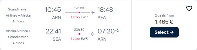 Click here to book this cheap flight deal. Business Class, Christmas and New Year flights from Stockholm, Sweden to Seattle, USA for only €1465 roundtrip with Scandinavian Airlines and Alaska Airlines. Flight deal ticket image.