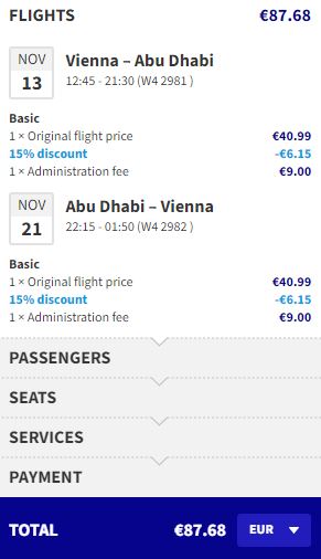 Click here to book this cheap flight deal. Non-stop flights from Vienna, Austria to Abu Dhabi, UAE for only €87 roundtrip. Flight deal ticket image.