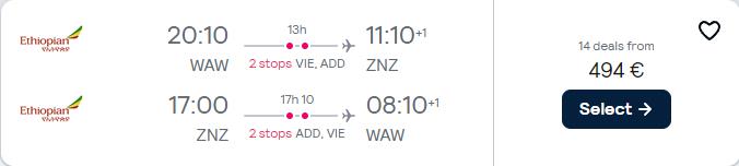 Cheap flights from Warsaw, Poland to Zanzibar, Tanzania for only €494 roundtrip. Flight deal ticket image.