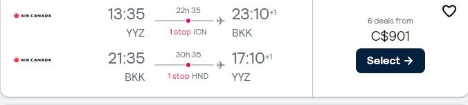 Cheap flights from Toronto, Canada to Bangkok, Thailand for only $901 CAD roundtrip with Air Canada, Asiana Airlines and All Nippon Airways. Flight deal ticket image.