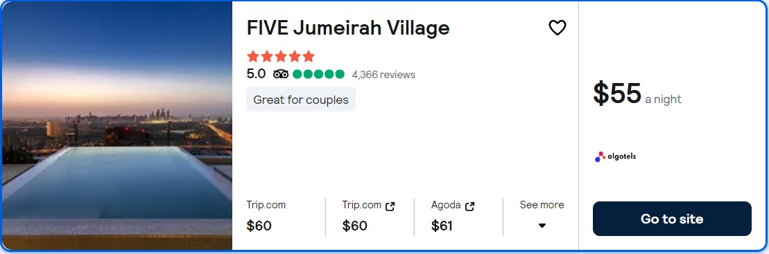 Click here to book this cheap flight deal. Stay at the 5* FIVE Jumeirah Village in Dubai, UAE for only $55 USD per night. Flight deal ticket image.