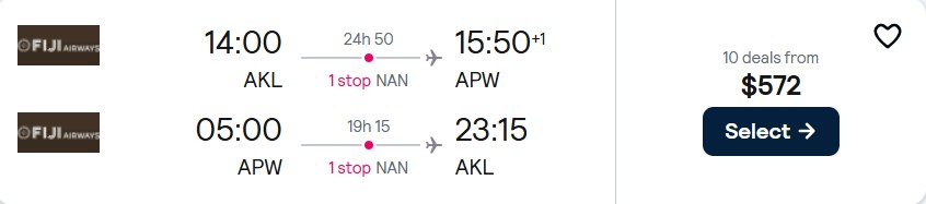 Cheap flights from Auckland, New Zealand to Apia, Samoa for only $572 NZD roundtrip with Fiji Airways. Flight deal ticket image.