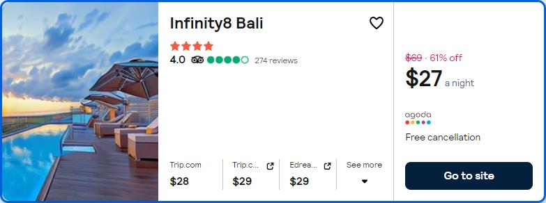 Stay at the 4* Infinity8 Bali in Bali, Indonesia for only $27 USD per night. Flight deal ticket image.