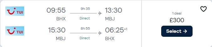 Non-stop flights from Birmingham, UK to Montego Bay, Jamaica for only £300 roundtrip. Flight deal ticket image.