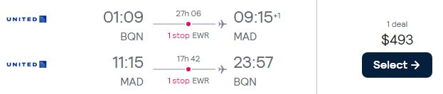 Cheap flights from Aguadilla, Puerto Rico to Madrid, Spain for only $493 USD roundtrip with United Airlines. Flight deal ticket image.