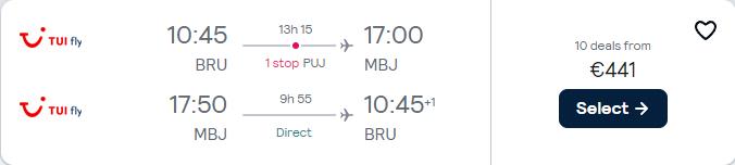 Cheap flights from Brussels, Belgium to Montego Bay, Jamaica for only €441 roundtrip. Flight deal ticket image.