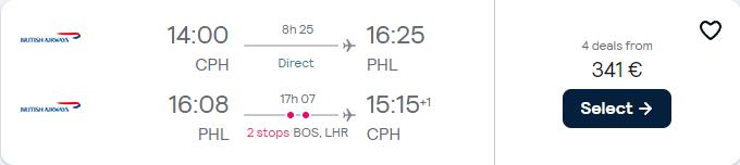Cheap flights from Copenhagen, Denmark to Philadelphia, USA for only €341 roundtrip with American Airlines and British Airways. Flight deal ticket image.