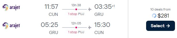 Click here to book this cheap flight deal. Cheap flights from Cancun, Mexico to Sao Paulo, Brazil for only $281 USD roundtrip. Flight deal ticket image.