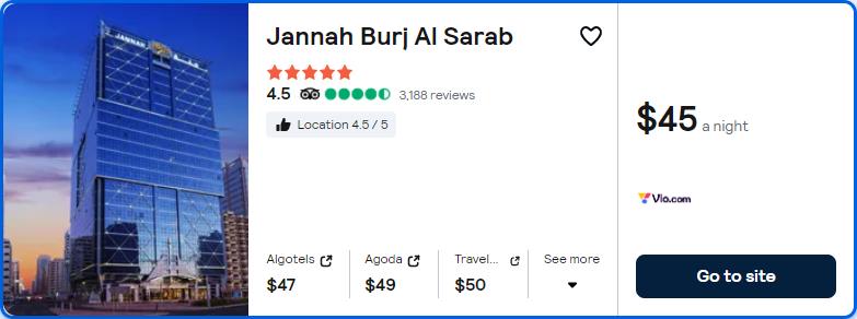 Stay at the 5* Jannah Burj Al Sarab in Dubai, UAE for only $45 USD per night. Flight deal ticket image.