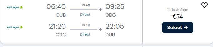 Non-stop flights from Dublin or Shannon, Ireland to Paris, France from only €74 roundtrip with Aer Lingus. Flight deal ticket image.