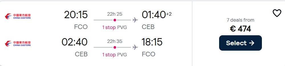 Cheap flights from Rome, Italy to Cebu, Philippines for only €474 roundtrip. Flight deal ticket image.