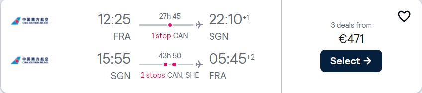 Cheap flights from Frankfurt, Germany to Ho Chi Minh City, Vietnam for only €471 roundtrip. Flight deal ticket image.