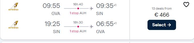 Click here to book this cheap flight deal. Cheap flights from Geneva, Switzerland to Singapore for only €462 roundtrip with Etihad Airways. Flight deal ticket image.