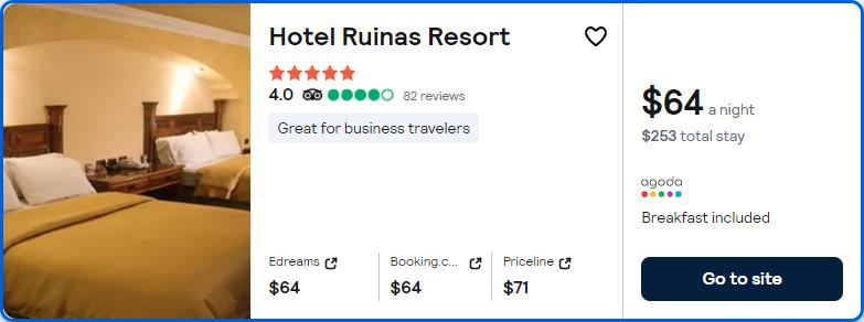 Click here to book this cheap flight deal. Stay at the 5* Hotel Ruinas Resort in Huehuetenango, Guatemala for only $64 USD per night. Flight deal ticket image.