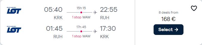 Cheap flights from Krakow, Poland to Riyadh, Saudi Arabia for only €168 roundtrip with LOT Polish Airlines. Flight deal ticket image.