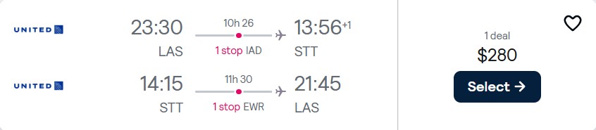 Click here to book this cheap flight deal. Cheap flights from Las Vegas to the US Virgin Islands for only $280 roundtrip with United Airlines. Flight deal ticket image.