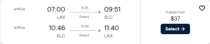 Non-stop flights from Los Angeles to Salt Lake City, Utah for only $37 roundtrip with JetBlue. Also works in reverse. Flight deal ticket image.